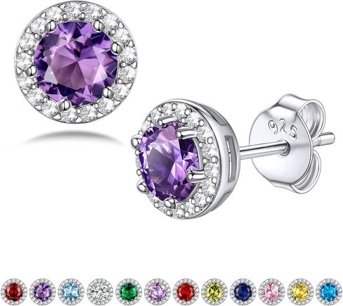 Bestyle Sparkling 925 Sterling Silver Birthstone Stud Earrings for Women, Heart/Round/Teardrop/Square Crystal Solitaire Diamond Studs Halo Earrings, Great Birthday/Christmas Gifts in Saudi Arabia