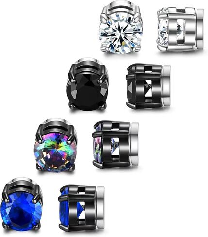 SIISPRI 4 Pairs Magnetic Stud Earrings for Men Stainless Steel Magnetic Earrings Men Clip on Earrings Non Piercing Earrings Unisex CZ Magnetic Earrings for Men 6MM in Kuwait