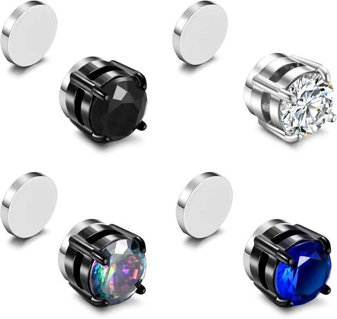 SIISPRI 4 Pairs Magnetic Stud Earrings for Men Stainless Steel Magnetic Earrings Men Clip on Earrings Non Piercing Earrings Unisex CZ Magnetic Earrings for Men 6MM in Kuwait