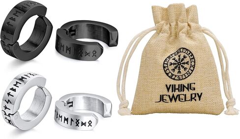 Norse Viking Hoop Earring For Men - 2 Pairs Amulet Protection Jewelry Gifts Stainless Steel Men's Stud Hoop Earrings Small Huggie Earrings With Nordic Elder Futhark Runes for Men Women, Black/Silver in Kuwait