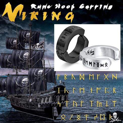 Norse Viking Hoop Earring For Men - 2 Pairs Amulet Protection Jewelry Gifts Stainless Steel Men's Stud Hoop Earrings Small Huggie Earrings With Nordic Elder Futhark Runes for Men Women, Black/Silver in Kuwait