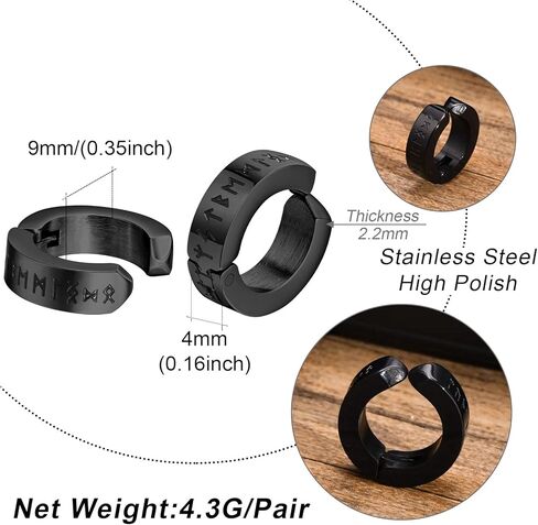 Norse Viking Hoop Earring For Men - 2 Pairs Amulet Protection Jewelry Gifts Stainless Steel Men's Stud Hoop Earrings Small Huggie Earrings With Nordic Elder Futhark Runes for Men Women, Black/Silver in Kuwait