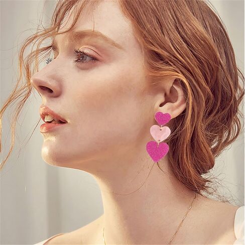 coadipress Acrylic Love Heart Earrings for Women Teen Girls Unique Lightweight Geometric Resin Three Pink Heart Dangle Drop Earrings Jewelry in Kuwait