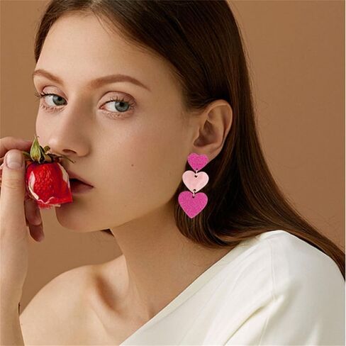 coadipress Acrylic Love Heart Earrings for Women Teen Girls Unique Lightweight Geometric Resin Three Pink Heart Dangle Drop Earrings Jewelry in Kuwait