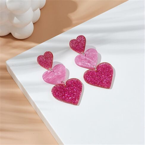 coadipress Acrylic Love Heart Earrings for Women Teen Girls Unique Lightweight Geometric Resin Three Pink Heart Dangle Drop Earrings Jewelry in Kuwait