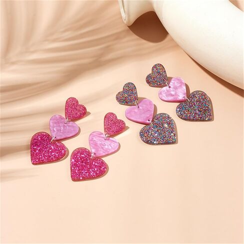 coadipress Acrylic Love Heart Earrings for Women Teen Girls Unique Lightweight Geometric Resin Three Pink Heart Dangle Drop Earrings Jewelry in Kuwait