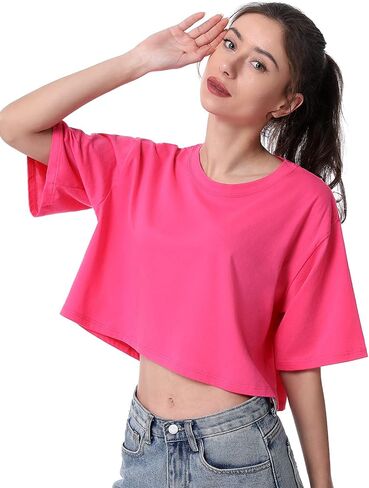 Xelky المرأة المحاصيل قمم عارضة التي شيرت القطن فضفاضة تجريب قصيرة الأكمام جولة الرقبة المحملة اليوغا قمصان الجري 4 حزمة in Kuwait