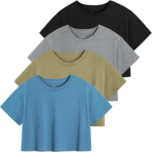 Xelky Womens Crop Casual Tops Tshirt Cotton Loose Workout Short Sleeve Round Neck Tee Yoga Running Shirts 4 Pack in Kuwait