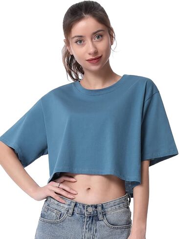 Xelky Womens Crop Casual Tops Tshirt Cotton Loose Workout Short Sleeve Round Neck Tee Yoga Running Shirts 4 Pack in Kuwait