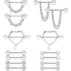 Ruifan 14G 9/16Inch Crystal Ball Nipple Tongue Shield Ring Barbell Body Piercing Jewelry Retainer 8-14PCS