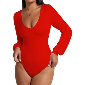 JORASOB Women Deep V Neck Long Sleeve Ruched Bodysuit Tops Leotard Shirts