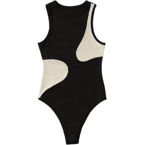 SweatyRocks Women's Ribbed Knit Colorblock Bodysuit Sleeveless Round Neck Tank Tops Bodysuit for Women Summer Slim Fit