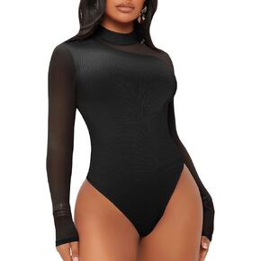 Verdusa Women's Contrast Mesh Long Sleeve Mock Neck Skinny One Piece Tee Bodysuit