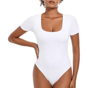 LUOAIYI Women's Square Neck Short Sleeve Double Lined Bodysuits Basic Tshirt Tops Body Suits Thong Jumpsuit in Saudi Arabia