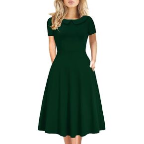 Women's Elegant Vintage Cotton Casual Floral Print Work Party Peter Pan Collar A-Line Dress with Pockets 978