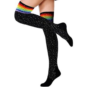 Suluia مجنون طويل الركبة عالية لطيف عيد الميلاد الجوارب قوس قزح مخطط الفخذ العليا البريق جوارب لامعة جوارب السيقان الهدايا in Kuwait