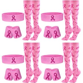 Xtinmee 12 Set Breast Cancer Awareness Survivor Gift for Women Pink Ribbon Headband Wristbands Sweatband Cancer Socks in Saudi Arabia