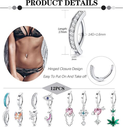 LOYALLOOK 12 قطعة من حلقات زر البطن للنساء من الفولاذ الجراحي تشيكوسلوفاكيا على شكل قلب زهرة أوبال عكس حلقات السرة البسيطة حلقات بطن الفرس عكس منحني السرة الحديد ثقب الجسم مجوهرات in Saudi Arabia