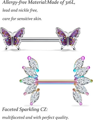 Vsnnsns 14G Nipple Rings for Women Stainless Steel Butterfly Nipple Rings Flower Nipple Piercing Jewelry CZ Nipple Rings Surgical Steel Nipple Jewelry Barbell Body Piercing Jewelry 6 Pairs in Kuwait