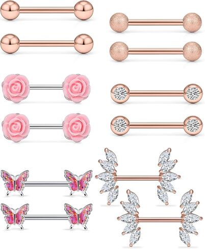 Vsnnsns 14G Nipple Rings for Women Stainless Steel Butterfly Nipple Rings Flower Nipple Piercing Jewelry CZ Nipple Rings Surgical Steel Nipple Jewelry Barbell Body Piercing Jewelry 6 Pairs in Kuwait