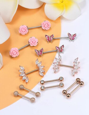 Vsnnsns 14G Nipple Rings for Women Stainless Steel Butterfly Nipple Rings Flower Nipple Piercing Jewelry CZ Nipple Rings Surgical Steel Nipple Jewelry Barbell Body Piercing Jewelry 6 Pairs in Kuwait