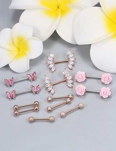 Vsnnsns 14G Nipple Rings for Women Stainless Steel Butterfly Nipple Rings Flower Nipple Piercing Jewelry CZ Nipple Rings Surgical Steel Nipple Jewelry Barbell Body Piercing Jewelry 6 Pairs in Kuwait