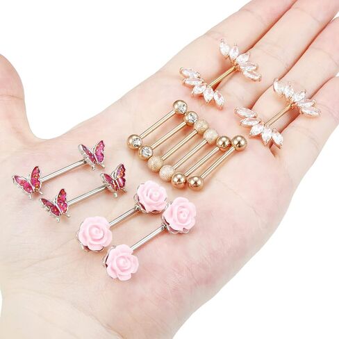 Vsnnsns 14G Nipple Rings for Women Stainless Steel Butterfly Nipple Rings Flower Nipple Piercing Jewelry CZ Nipple Rings Surgical Steel Nipple Jewelry Barbell Body Piercing Jewelry 6 Pairs in Kuwait