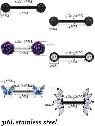 Vsnnsns 14G Nipple Rings for Women Stainless Steel Butterfly Nipple Rings Flower Nipple Piercing Jewelry CZ Nipple Rings Surgical Steel Nipple Jewelry Barbell Body Piercing Jewelry 6 Pairs in Kuwait