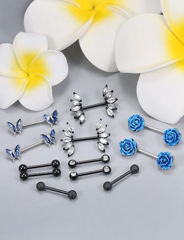 Vsnnsns 14G Nipple Rings for Women Stainless Steel Butterfly Nipple Rings Flower Nipple Piercing Jewelry CZ Nipple Rings Surgical Steel Nipple Jewelry Barbell Body Piercing Jewelry 6 Pairs in Kuwait