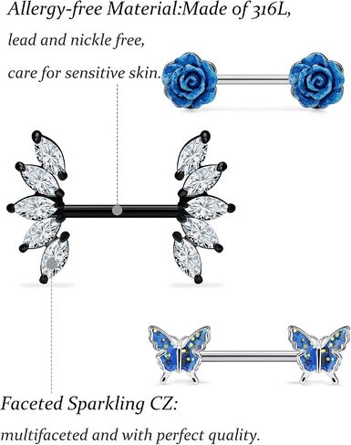 Vsnnsns 14G Nipple Rings for Women Stainless Steel Butterfly Nipple Rings Flower Nipple Piercing Jewelry CZ Nipple Rings Surgical Steel Nipple Jewelry Barbell Body Piercing Jewelry 6 Pairs in Kuwait