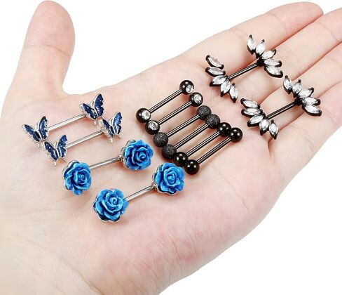 Vsnnsns 14G Nipple Rings for Women Stainless Steel Butterfly Nipple Rings Flower Nipple Piercing Jewelry CZ Nipple Rings Surgical Steel Nipple Jewelry Barbell Body Piercing Jewelry 6 Pairs in Kuwait