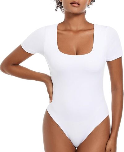 LUOAIYI Women's Square Neck Short Sleeve Double Lined Bodysuits Basic Tshirt Tops Body Suits Thong Jumpsuit in Saudi Arabia