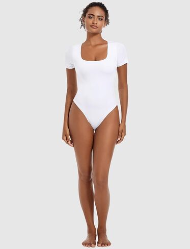 LUOAIYI Women's Square Neck Short Sleeve Double Lined Bodysuits Basic Tshirt Tops Body Suits Thong Jumpsuit in Saudi Arabia
