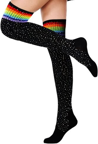 Suluia مجنون طويل الركبة عالية لطيف عيد الميلاد الجوارب قوس قزح مخطط الفخذ العليا البريق جوارب لامعة جوارب السيقان الهدايا in Kuwait