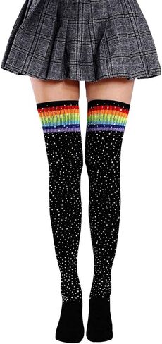 Suluia مجنون طويل الركبة عالية لطيف عيد الميلاد الجوارب قوس قزح مخطط الفخذ العليا البريق جوارب لامعة جوارب السيقان الهدايا in Kuwait