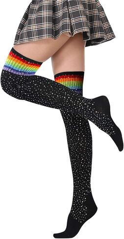 Suluia مجنون طويل الركبة عالية لطيف عيد الميلاد الجوارب قوس قزح مخطط الفخذ العليا البريق جوارب لامعة جوارب السيقان الهدايا in Kuwait