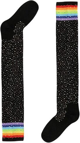 Suluia مجنون طويل الركبة عالية لطيف عيد الميلاد الجوارب قوس قزح مخطط الفخذ العليا البريق جوارب لامعة جوارب السيقان الهدايا in Kuwait