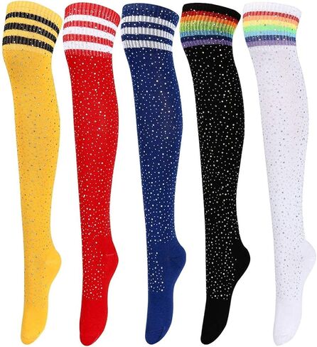 Suluia مجنون طويل الركبة عالية لطيف عيد الميلاد الجوارب قوس قزح مخطط الفخذ العليا البريق جوارب لامعة جوارب السيقان الهدايا in Kuwait
