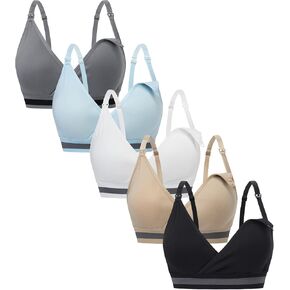Suekaphin 5Pack Nursing Bra Deep V Neck for Breastfeeding,Seamless Maternity Bralette Wirefree Padded Cup Nursing Bra