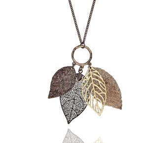 POMINA Chocolate Gold Silver Two Tone Filigree Fall Leaf Necklace Fashion Statement Chic Sweater Chain Long Necklace for Women in Saudi Arabia