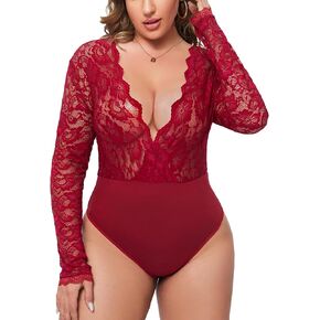 Gladiolus Women Plus Size Lace Bodysuit Sexy Deep V Leotard Snap Crotch Long Sleeve Tops L-XXXL