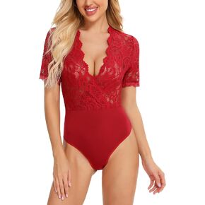 Gladiolus Women Lace Bodysuit Sexy Deep V Snap Crotch Clubwear Short Sleeve Tops S-XXXL