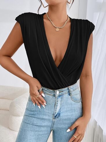 Milumia Women's Ruched Wrap Deep V Neck Padded Shoulder Tank Tops Sleeveless Bodysuit in Saudi Arabia