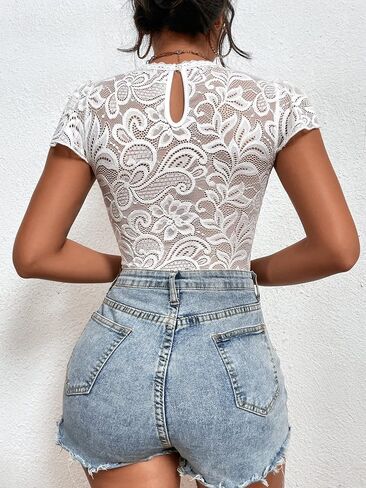 OYOANGLE Women's Elegant Floral Lace Short Sleeve Ruffle Trim Work Casual Bodysuits Shirt Tops in Saudi Arabia