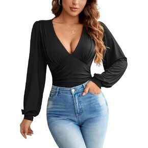 Blooming Jelly Womens Long Sleeve Bodysuits Shirts Built in Bra Sexy V Neck Body Suit Fall Outfits 2023 in Saudi Arabia
