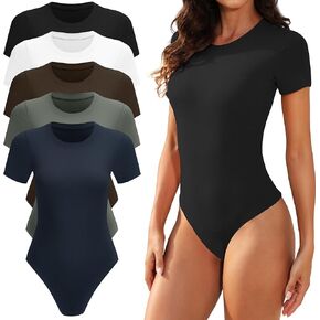 TVKSOM 5 Pack Body suits for Womens Short Sleeve Round Neck Casual Stretchy Basic T Shirt Bodysuit Tops in Kuwait