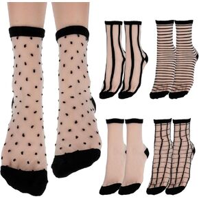 Lusofie 5 Pairs Sheer Socks Black See Through Socks Checkered Dot Striped Plaid Ankle Summer Socks for Women Thin Fashion in Kuwait