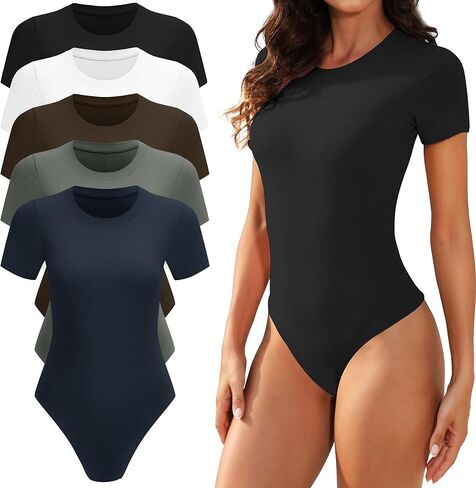 TVKSOM 5 Pack Body suits for Womens Short Sleeve Round Neck Casual Stretchy Basic T Shirt Bodysuit Tops in Kuwait