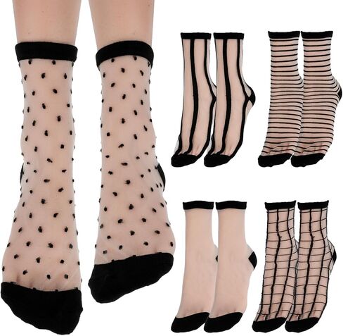 Lusofie 5 Pairs Sheer Socks Black See Through Socks Checkered Dot Striped Plaid Ankle Summer Socks for Women Thin Fashion in Kuwait