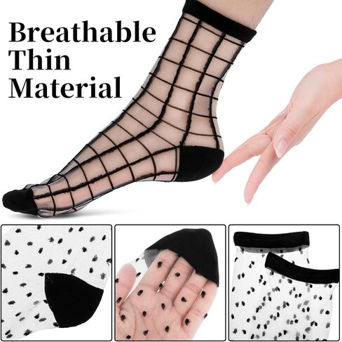 Lusofie 5 Pairs Sheer Socks Black See Through Socks Checkered Dot Striped Plaid Ankle Summer Socks for Women Thin Fashion in Kuwait